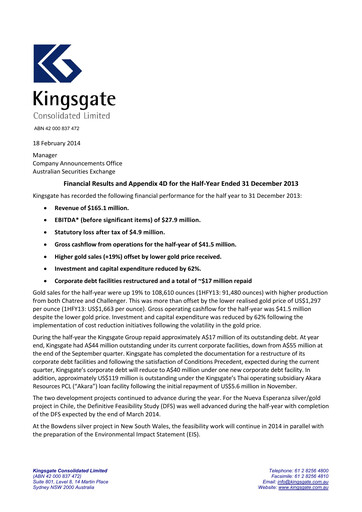 Miniature Kingsgate Consolidated Limited Rapport financier 2014-h1