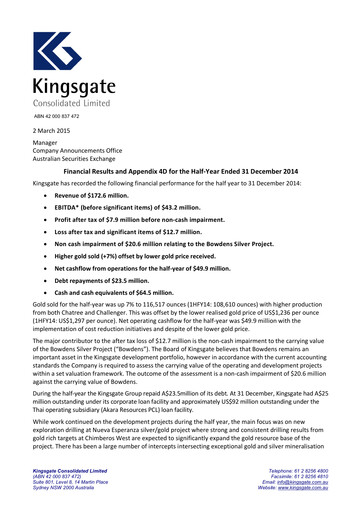 Miniature Kingsgate Consolidated Limited Rapport financier 2015-h1