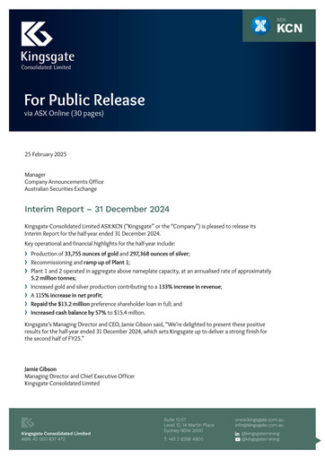 Miniature Kingsgate Consolidated Limited Rapport financier 2025-h1