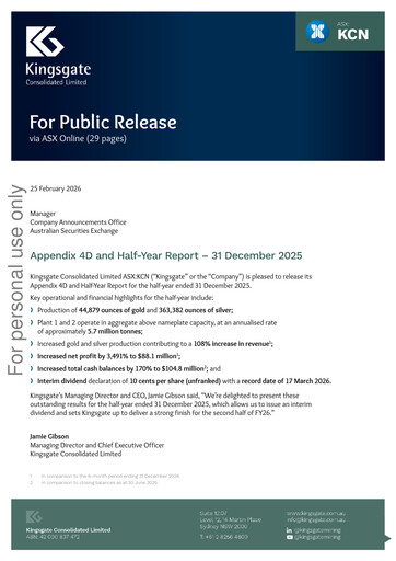 Thumbnail Kingsgate Consolidated Limited Financial Report 2026-h1
