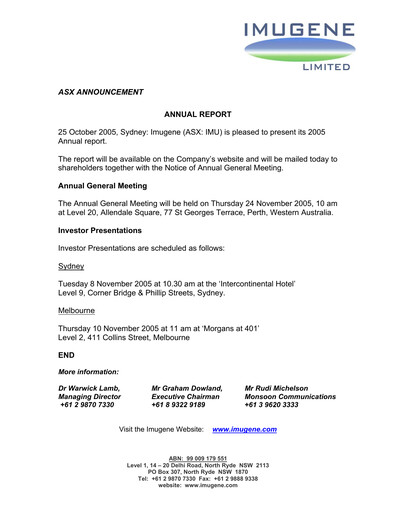 Thumbnail Imugene Annual Report 2005