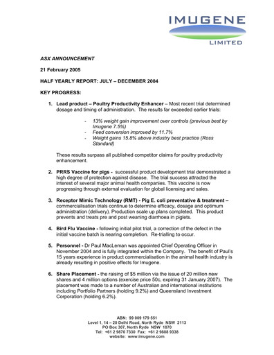 Miniature Imugene Rapport semestriel 2005-h1