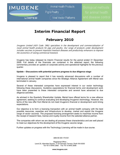 Miniature Imugene Rapport semestriel 2010-h1
