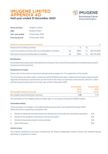 Miniature Imugene Rapport semestriel 2024-h1