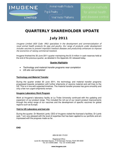 Thumbnail Imugene Quarterly Report 2011-q4