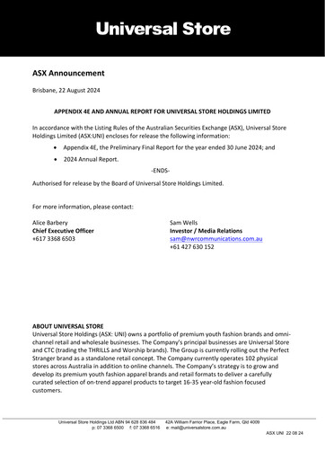 Thumbnail Universal Store Holdings Annual Report 2024