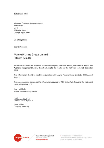 Thumbnail Mayne Pharma Group Financial Report 2024-h1