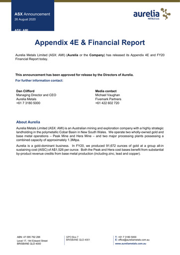 Thumbnail Aurelia Metals Financial Report 2020