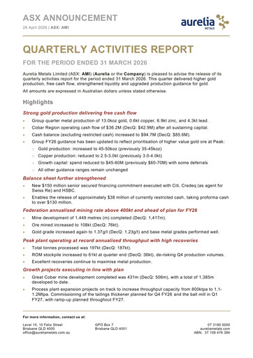Thumbnail Aurelia Metals Quarterly Report 2026-q1