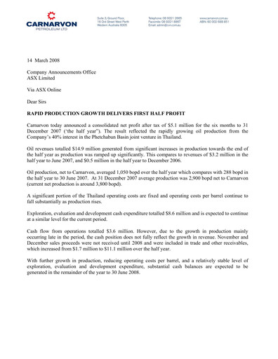 Vorschaubild Carnarvon Energy Finanzbericht 2008-h1
