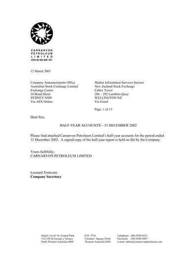 Thumbnail Carnarvon Energy Half-year Report 2002-h1