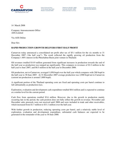 Thumbnail Carnarvon Energy Half-year Report 2007-h1