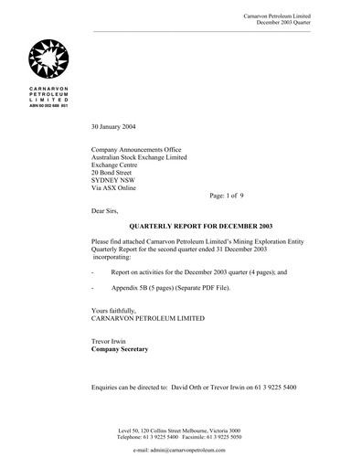 Thumbnail Carnarvon Energy Quarterly Report 2003-q4