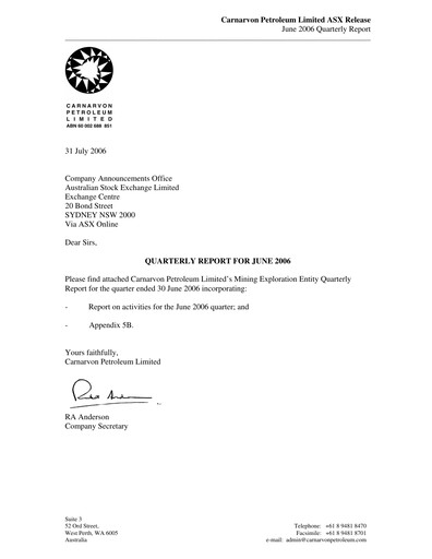 Thumbnail Carnarvon Energy Quarterly Report 2006-q2