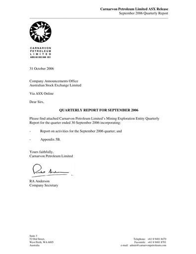 Thumbnail Carnarvon Energy Quarterly Report 2006-q3