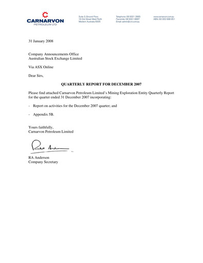 Thumbnail Carnarvon Energy Quarterly Report 2007-q4