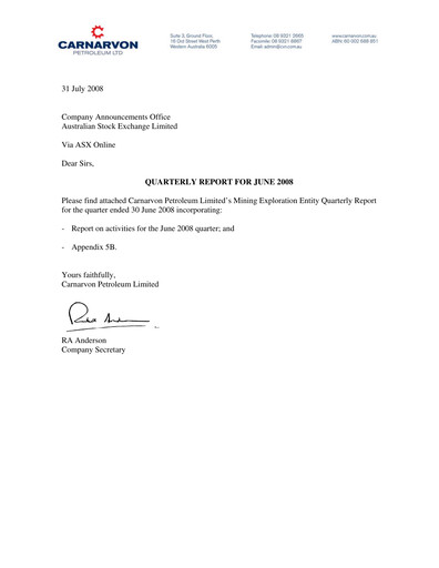 Thumbnail Carnarvon Energy Quarterly Report 2008-q2