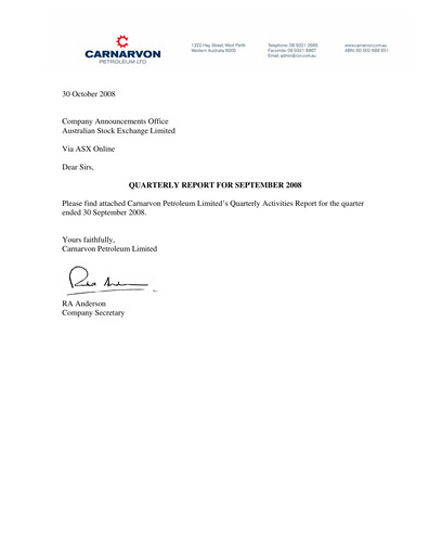 Thumbnail Carnarvon Energy Quarterly Report 2008-q3