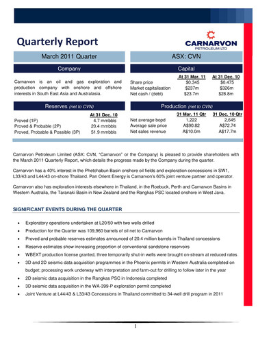 Thumbnail Carnarvon Energy Quarterly Report 2011-q1
