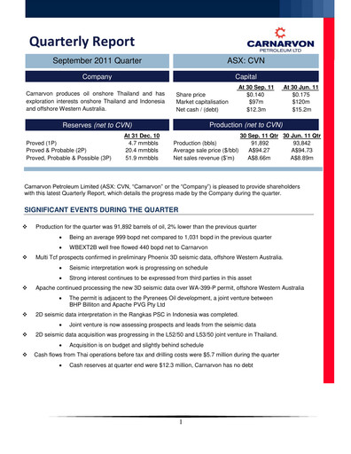 Thumbnail Carnarvon Energy Quarterly Report 2011-q3