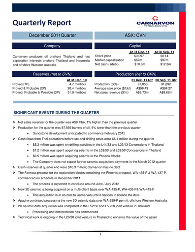 Thumbnail Carnarvon Energy Quarterly Report 2011-q4