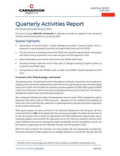 Miniature Carnarvon Energy Rapport trimestriel 2024-q2