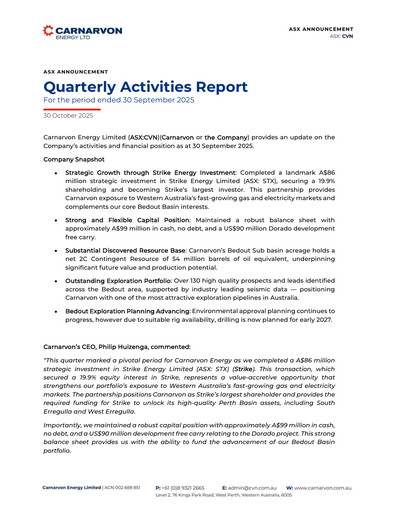 Miniature Carnarvon Energy Rapport trimestriel 2025-q3