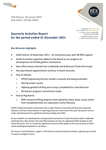 Thumbnail Rex Minerals Quarterly Report 2021-q4