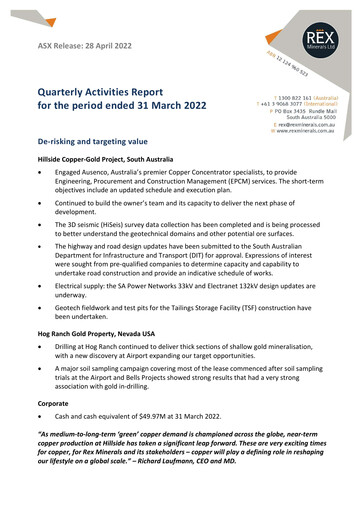 Thumbnail Rex Minerals Quarterly Report 2022-q1