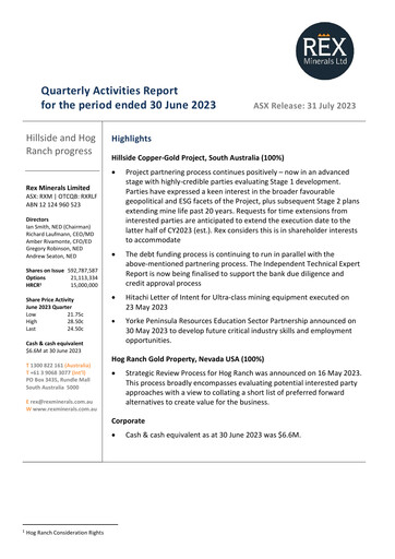 Thumbnail Rex Minerals Quarterly Report 2023-q2