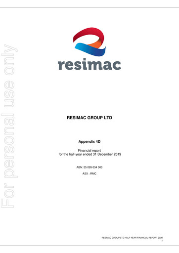 Thumbnail Resimac Group Limited Half-year Report 2020-h1