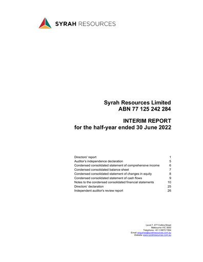 Thumbnail Syrah Resources Limited Half-year Report 2022-h1