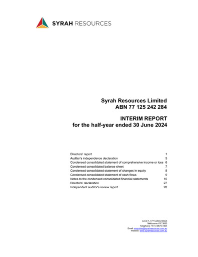 Thumbnail Syrah Resources Limited Half-year Report 2024-h1