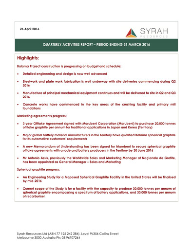 Thumbnail Syrah Resources Limited Quarterly Report 2016-q1
