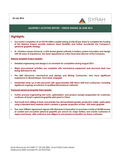 Thumbnail Syrah Resources Limited Quarterly Report 2016-q2