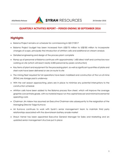 Thumbnail Syrah Resources Limited Quarterly Report 2016-q3