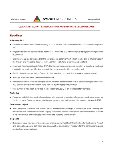 Thumbnail Syrah Resources Limited Quarterly Report 2016-q4