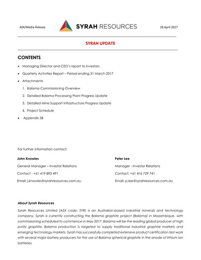 Thumbnail Syrah Resources Limited Quarterly Report 2017-q1