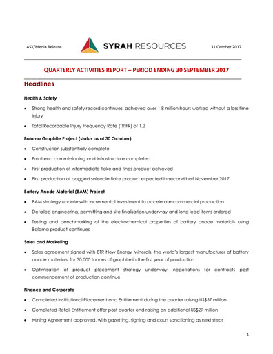 Thumbnail Syrah Resources Limited Quarterly Report 2017-q3