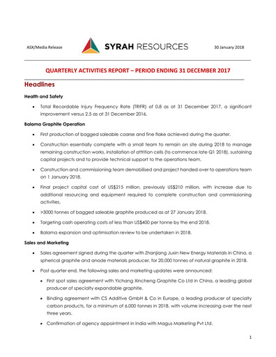 Thumbnail Syrah Resources Limited Quarterly Report 2017-q4