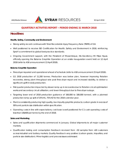 Thumbnail Syrah Resources Limited Quarterly Report 2018-q1
