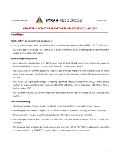 Thumbnail Syrah Resources Limited Quarterly Report 2018-q2
