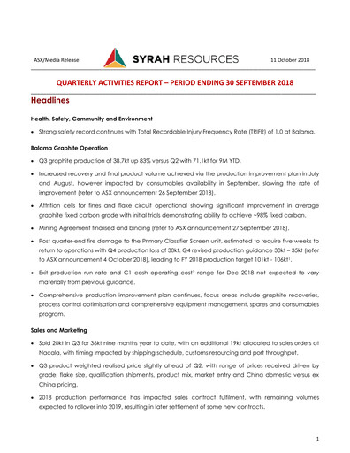 Thumbnail Syrah Resources Limited Quarterly Report 2018-q3