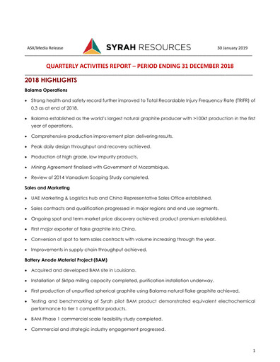 Thumbnail Syrah Resources Limited Quarterly Report 2018-q4