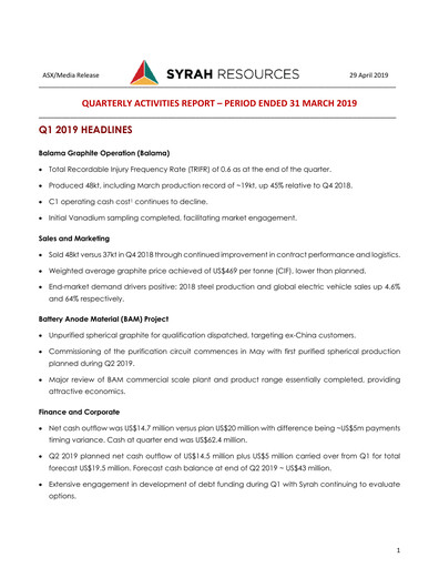Thumbnail Syrah Resources Limited Quarterly Report 2019-q1