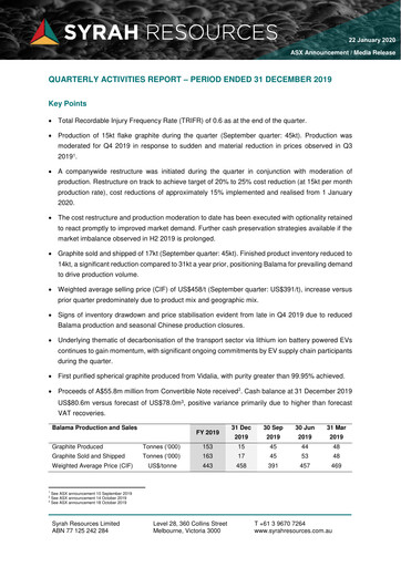 Thumbnail Syrah Resources Limited Quarterly Report 2019-q4
