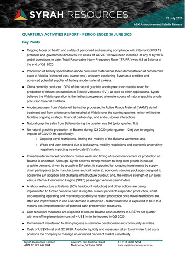 Thumbnail Syrah Resources Limited Quarterly Report 2020-q2