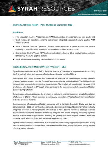 Thumbnail Syrah Resources Limited Quarterly Report 2020-q3