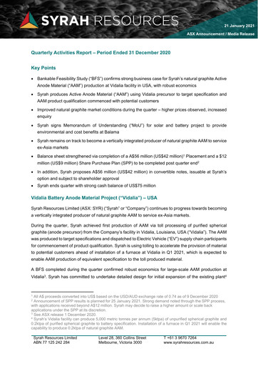 Thumbnail Syrah Resources Limited Quarterly Report 2020-q4