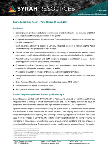 Thumbnail Syrah Resources Limited Quarterly Report 2021-q1
